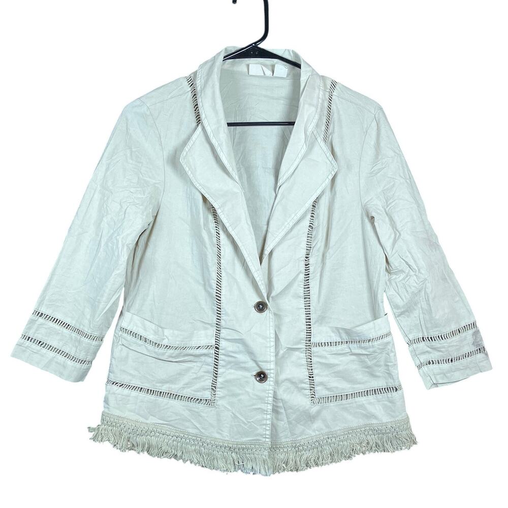 Zenergy by Chicos Womens Jacket Ivory Button Up Fringe Blazer Stretch 0 (S)